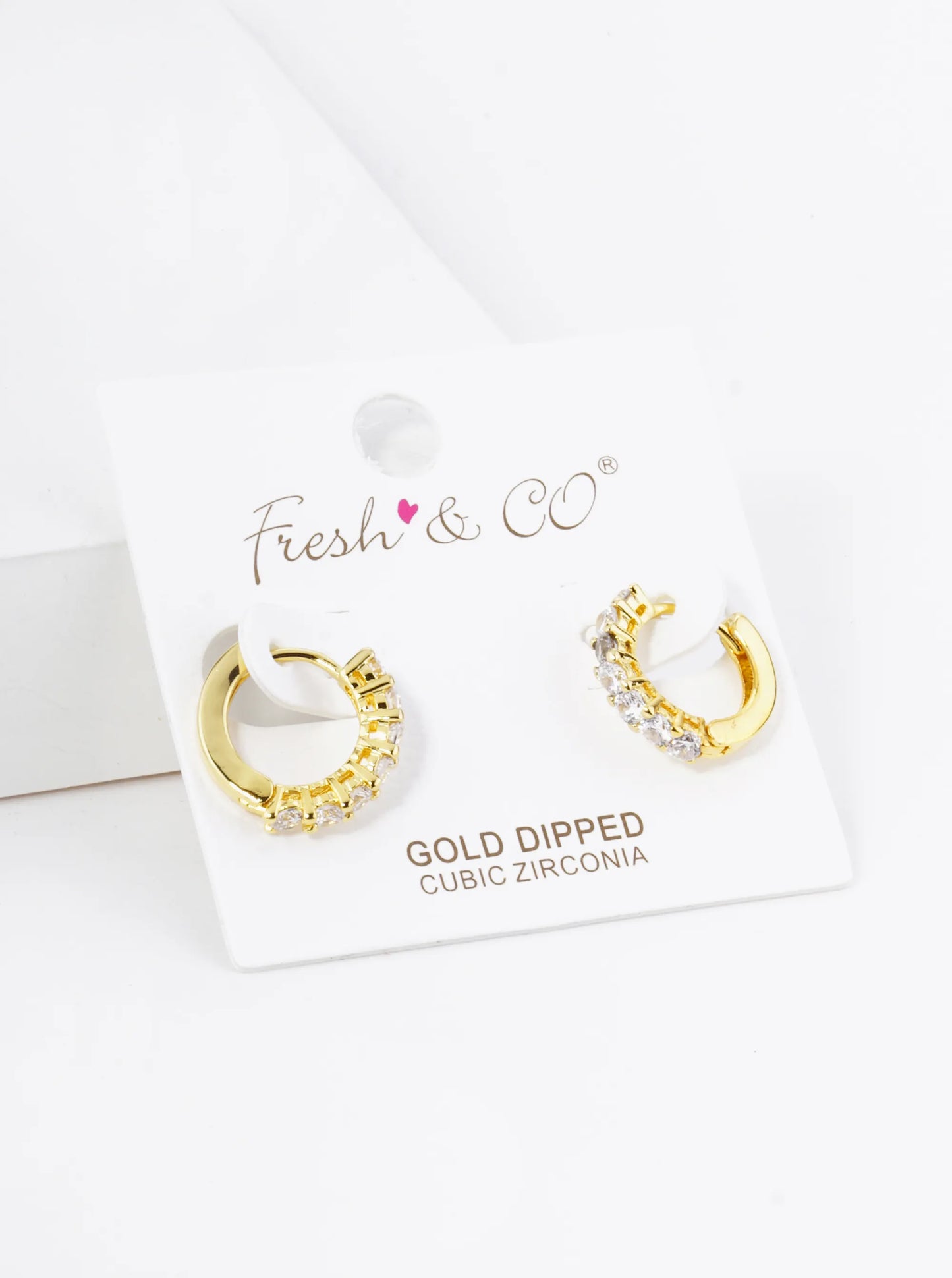 18K Gold Dipped 4-Prong Setting CZ Stones 13mm Brass Huggie Hoop Earrings