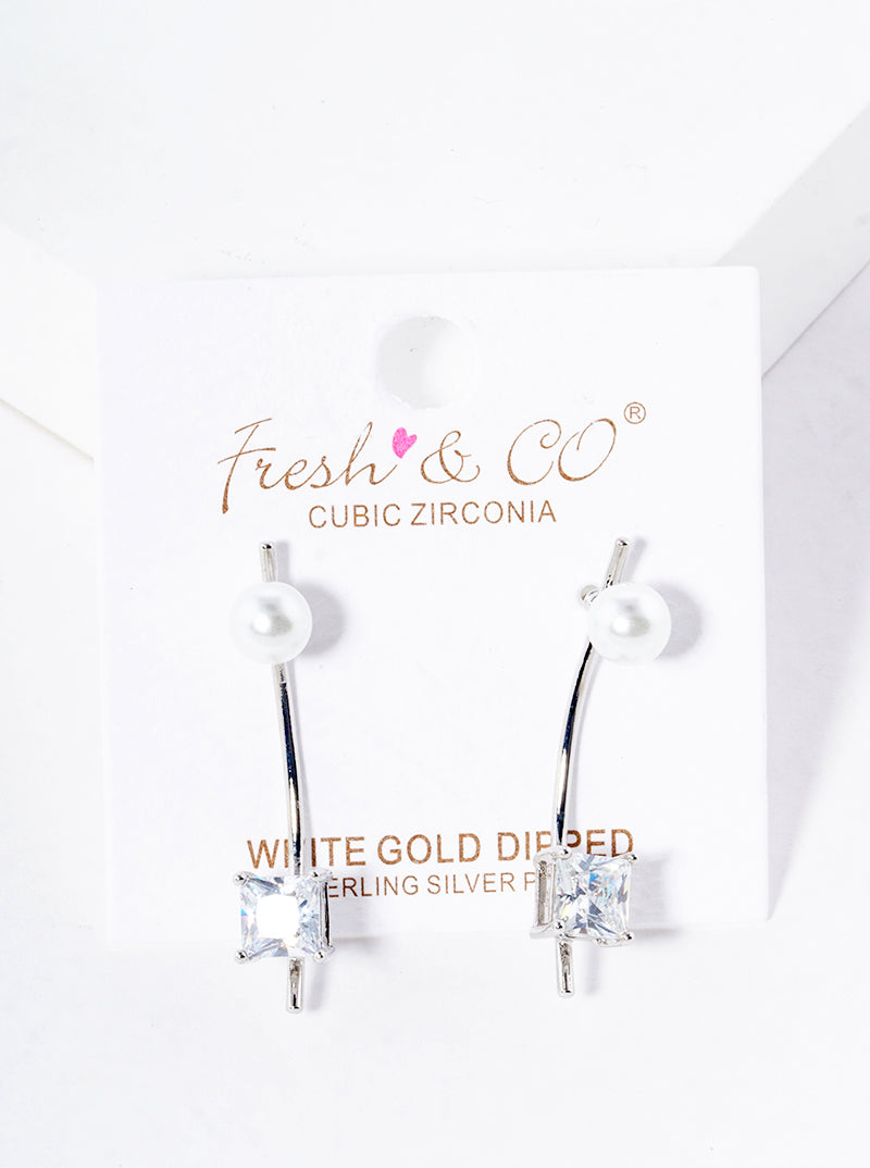 18K Gold Dipped 4-Prong Square CZ Pearl Curved Bar Post Drop Earrings