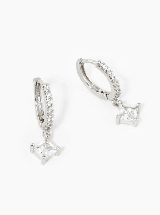 18K Gold Dipped 4-Prong Square Cubic Zirconia Drop 10mm Huggie Hoop Earrings