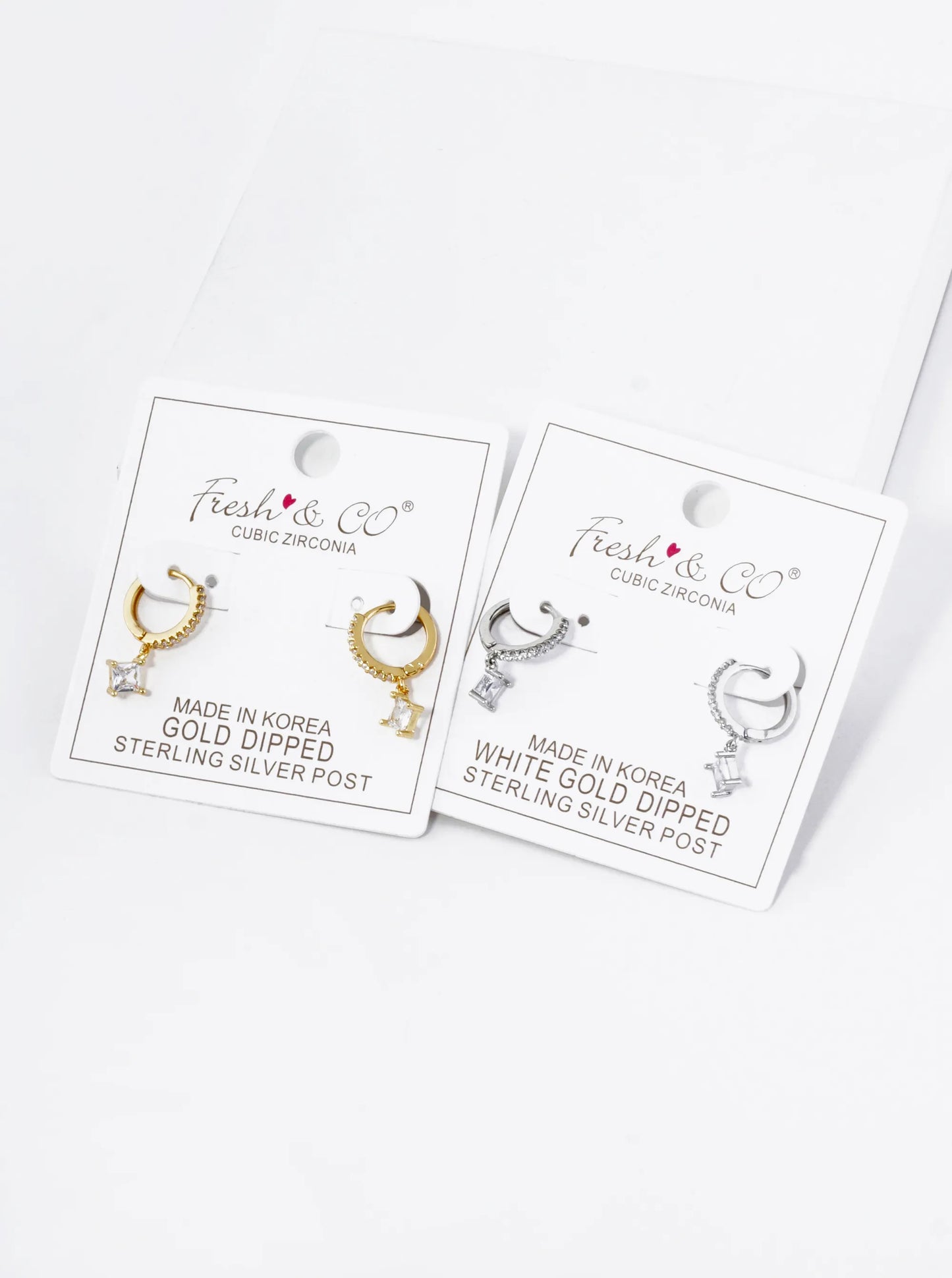 18K Gold Dipped 4-Prong Square Cubic Zirconia Drop 10mm Huggie Hoop Earrings