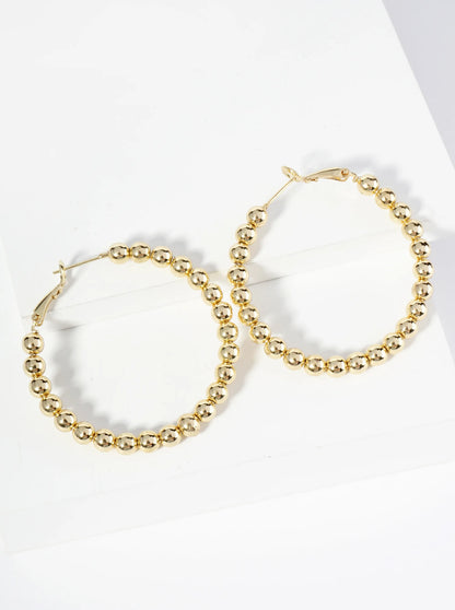 18K Gold Dipped 45mm Brass Ball Beaded Hoop Earrings With Latch Back Closure