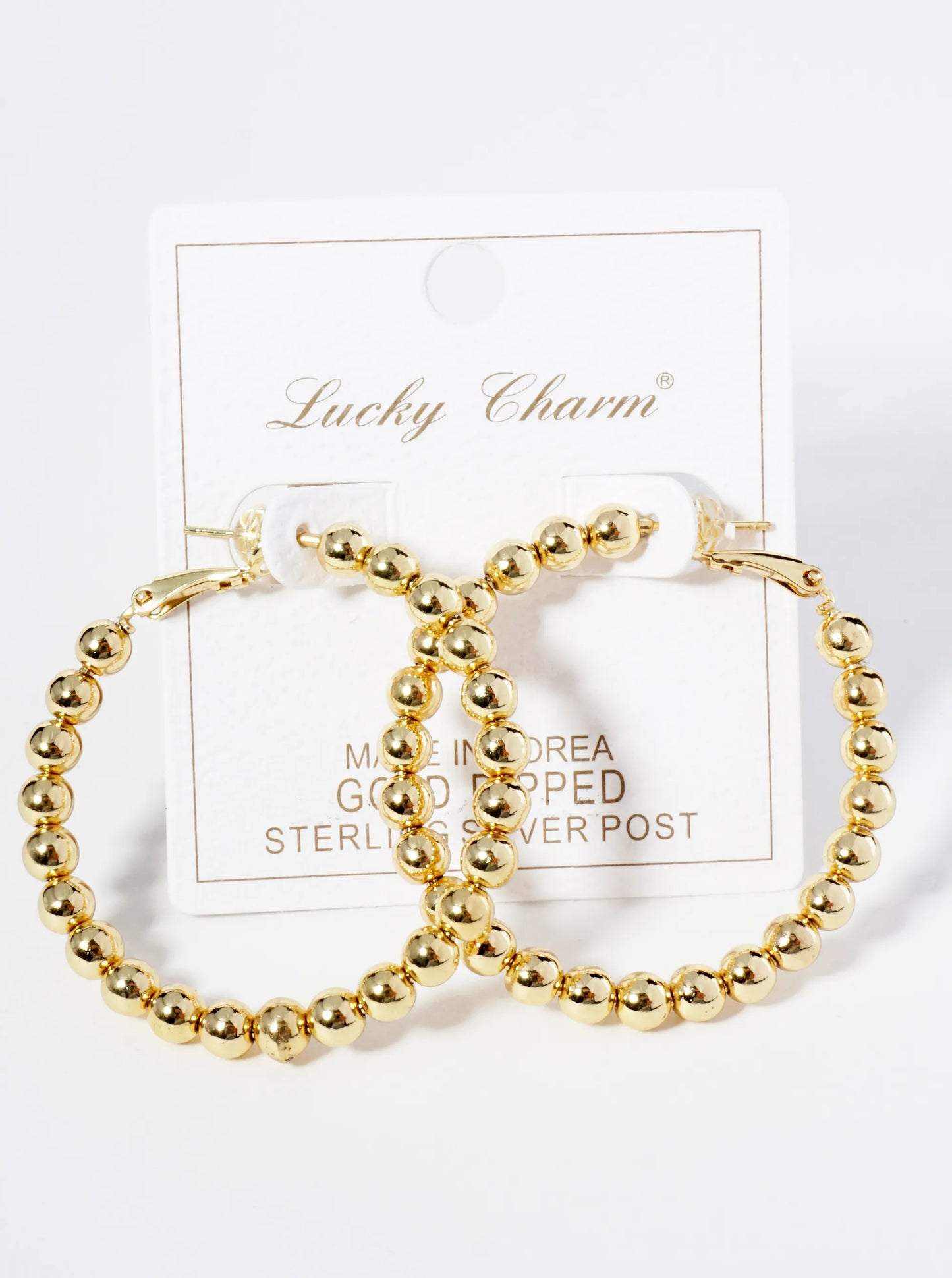 18K Gold Dipped 45mm Brass Ball Beaded Hoop Earrings With Latch Back Closure