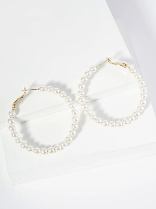 18K Gold Dipped 45mm Pearl Beaded Hoop Earrings With Latch Back Closure