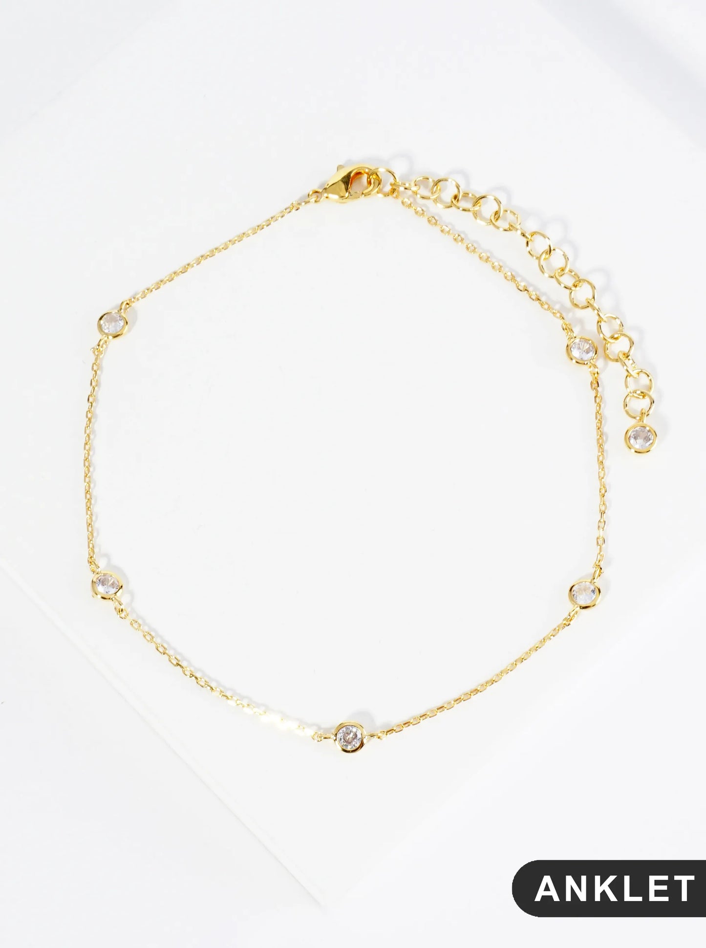 18K Gold Dipped 4mm Five Bezel Set Cubic Zirconia Stone Brass Chain Anklet
