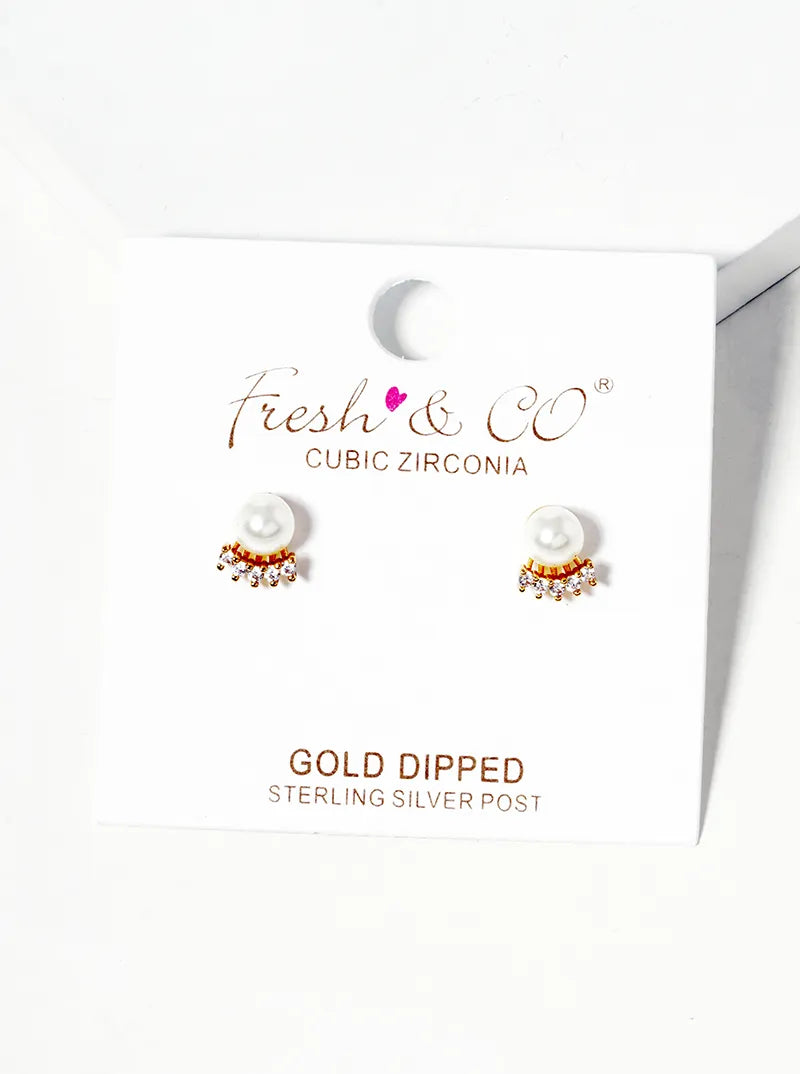 18K Gold Dipped 4mm Pearl Bead With CZ Post Stud Earrings