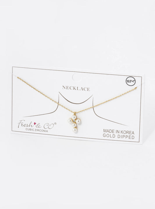 18K Gold Dipped 4mm Pearl Beaded Cross Pendant Necklace