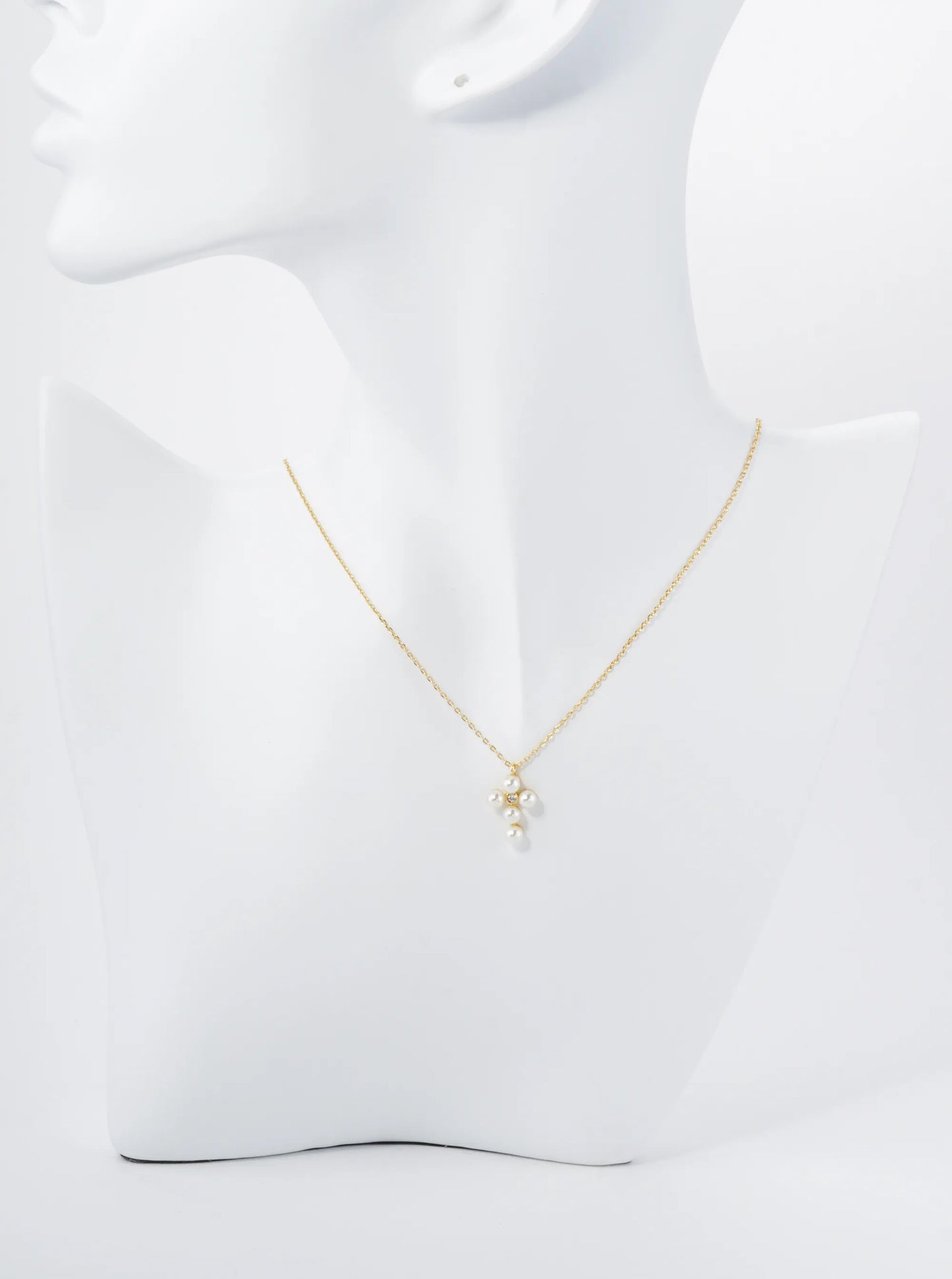 18K Gold Dipped 4mm Pearl Beaded Cross Pendant Necklace