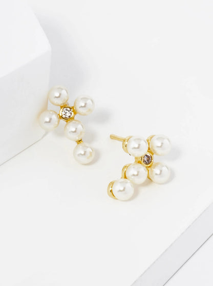 18K Gold Dipped 4mm Pearl Beaded Cross Stud Earrings
