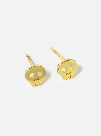 18K Gold Dipped 5mm Tiny Brass Skull Sterling Silver Post Stud Earrings
