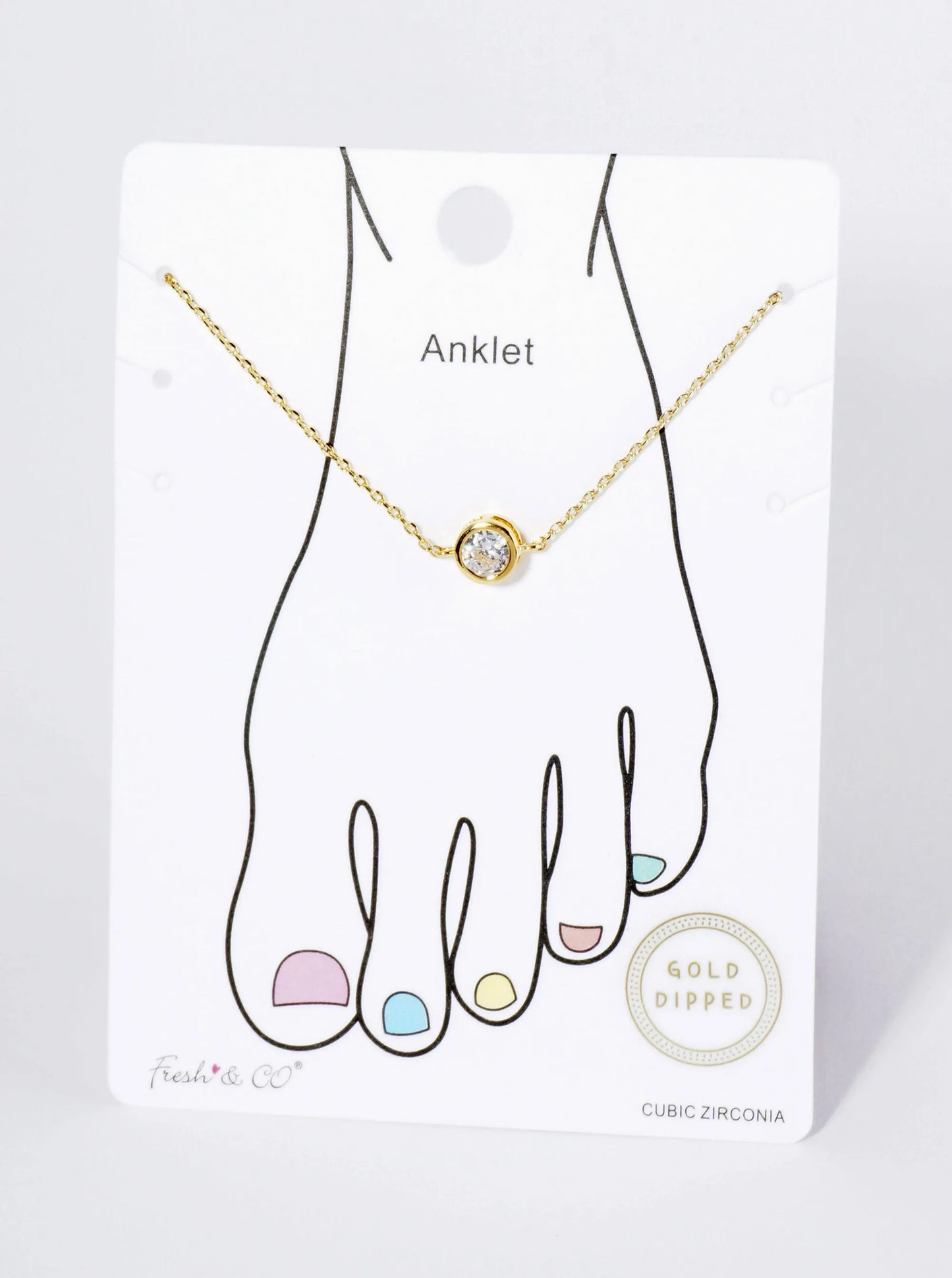 18K Gold Dipped 6mm Bezel Set Cubic Zirconia Stone Brass Chain Anklet