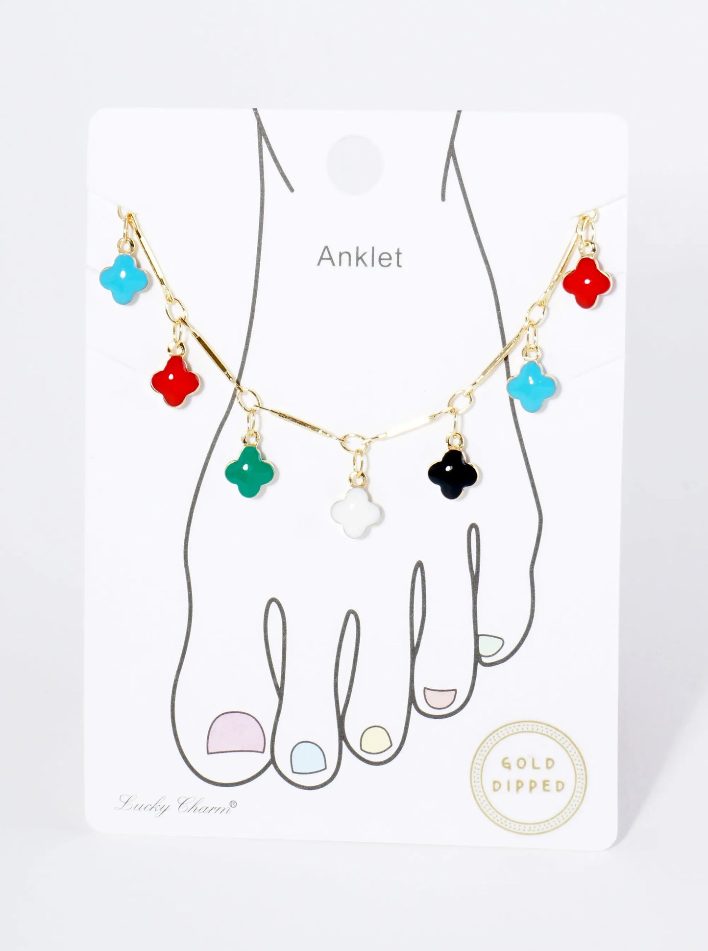 18K Gold Dipped 6mm Enamel Quatrefoil Charms Brass Chain Anklet