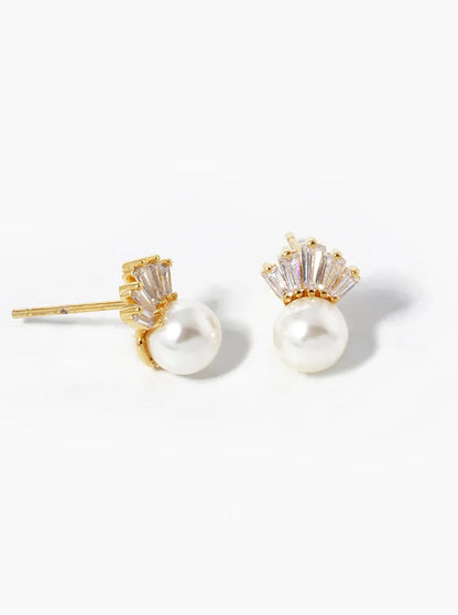 18K Gold Dipped 6mm Pearl Drop Baguette CZ Stud Earrings