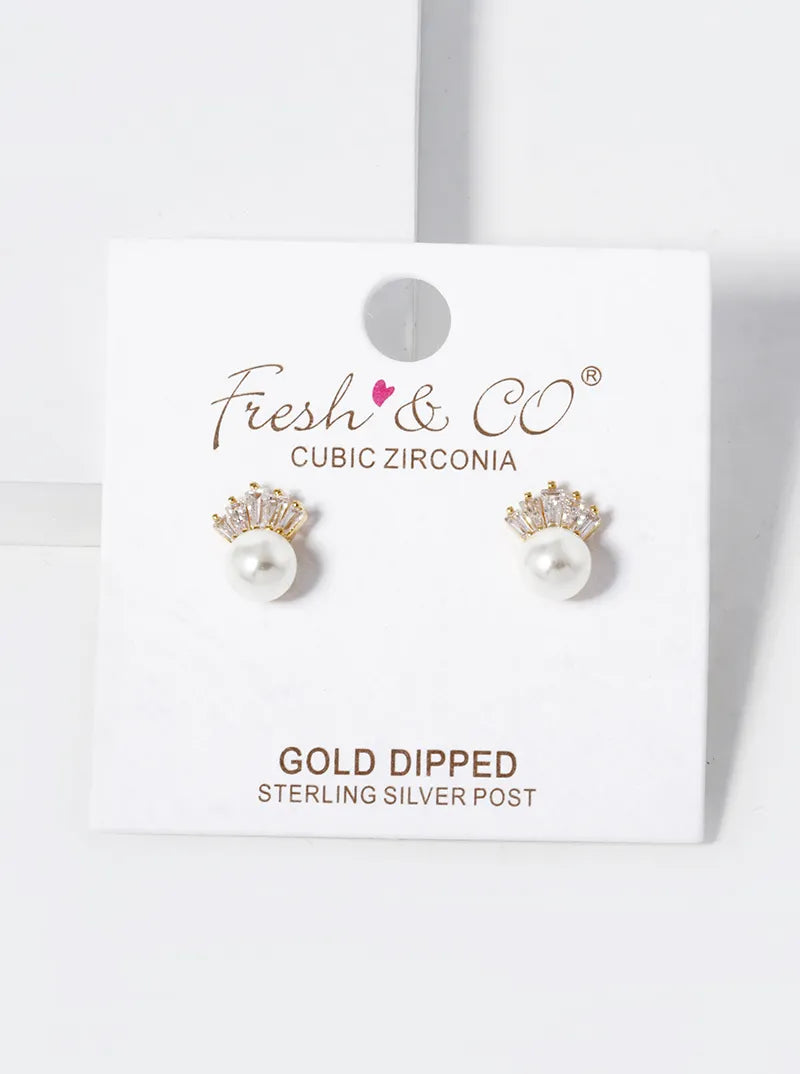 18K Gold Dipped 6mm Pearl Drop Baguette CZ Stud Earrings