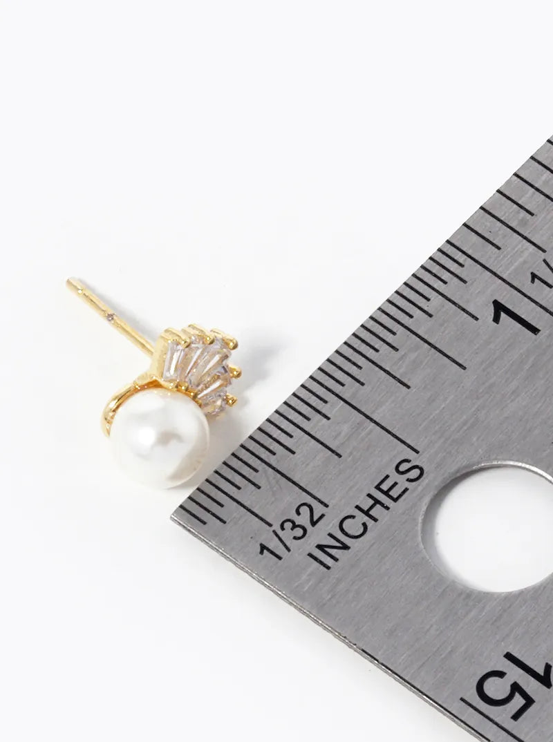18K Gold Dipped 6mm Pearl Drop Baguette CZ Stud Earrings