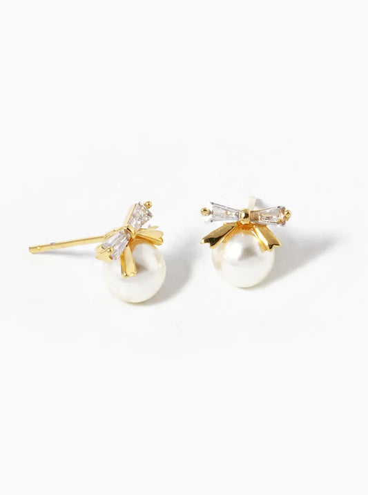 18K Gold Dipped 6mm Pearl Drop CZ Ribbon Bow Stud Earrings