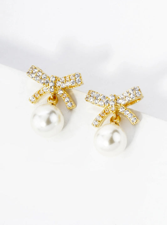 18K Gold Dipped 7mm Pearl Drop Micro Pave Set Cubic Zirconia Ribbon Bow Dangle Post Earrings
