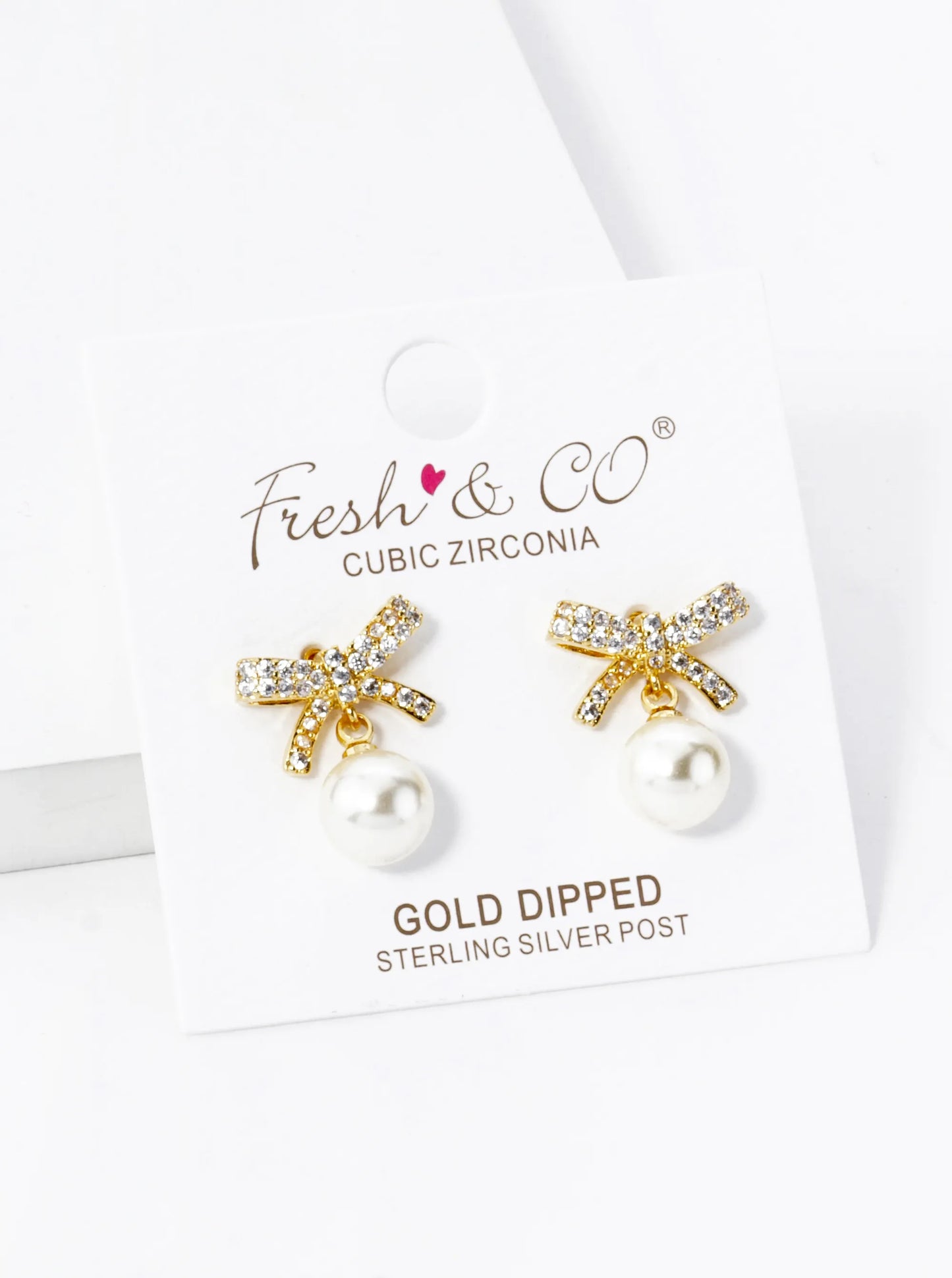 18K Gold Dipped 7mm Pearl Drop Micro Pave Set Cubic Zirconia Ribbon Bow Dangle Post Earrings