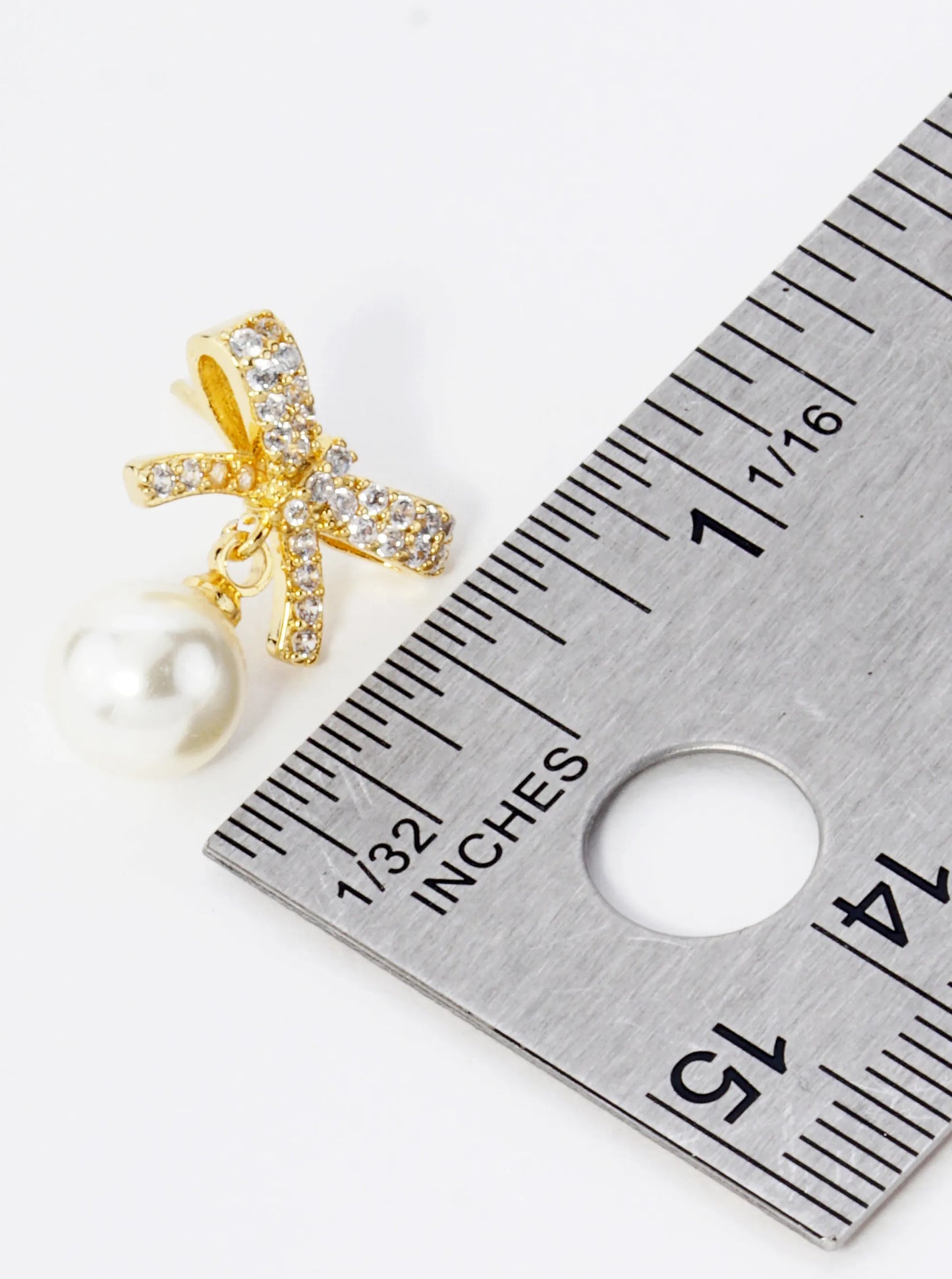 18K Gold Dipped 7mm Pearl Drop Micro Pave Set Cubic Zirconia Ribbon Bow Dangle Post Earrings