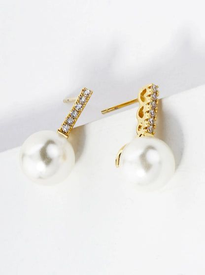 18K Gold Dipped 7mm Pearl Drop Pave Cubic Zirconia Bar Post Stud Earrings