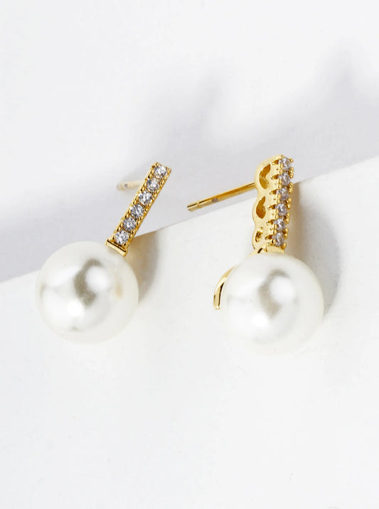 18K Gold Dipped 7mm Pearl Drop Pave Cubic Zirconia Bar Post Stud Earrings