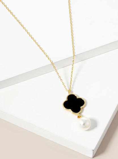 18K Gold Dipped 7mm Pearl Drop Quatrefoil Pendant Necklace