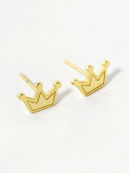 18K Gold Dipped 7mm Textured Brass Crown Sterling Silver Post Stud Earrings