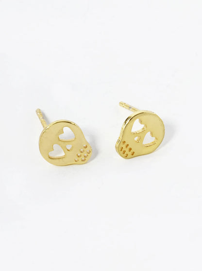 18K Gold Dipped 8mm Flat Heart Skull Stud Earrings
