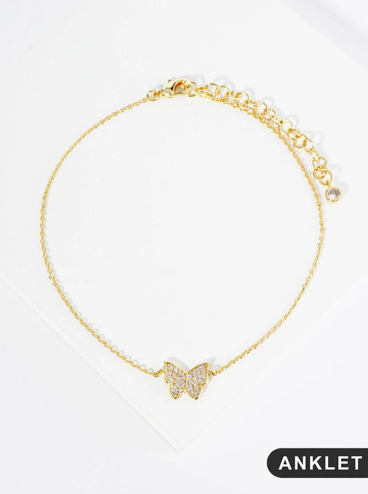 18K Gold Dipped 9mm Cubic Zirconia Pave Butterfly Brass Chain Anklet