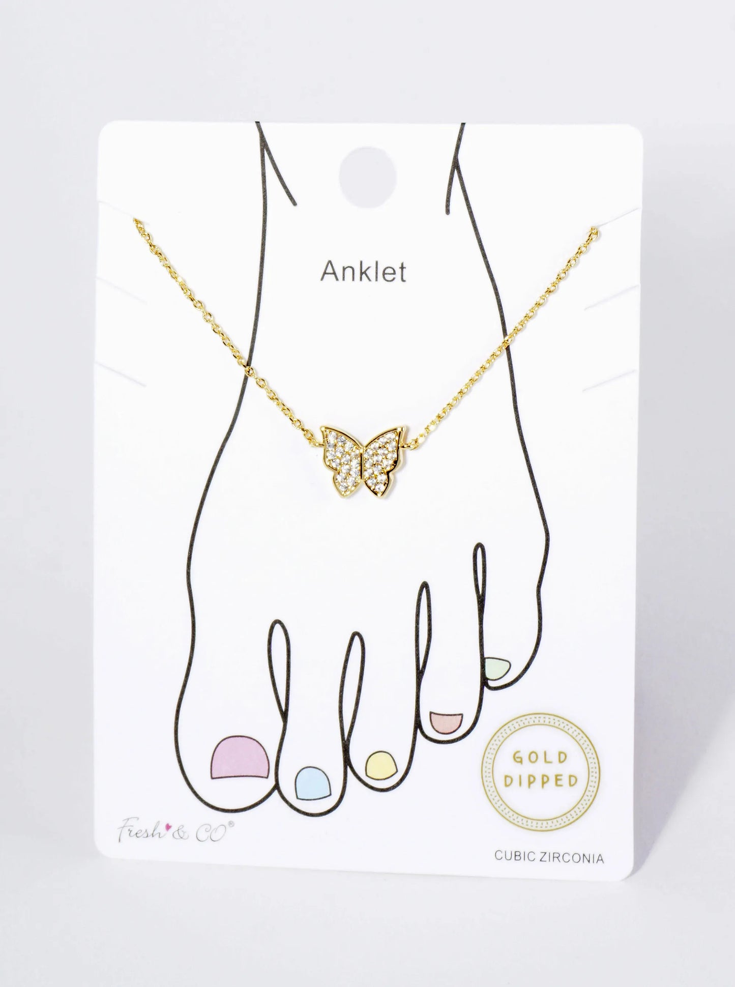 18K Gold Dipped 9mm Cubic Zirconia Pave Butterfly Brass Chain Anklet