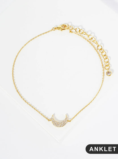 18K Gold Dipped 9mm Cubic Zirconia Pave Crescent Moon Brass Chain Anklet