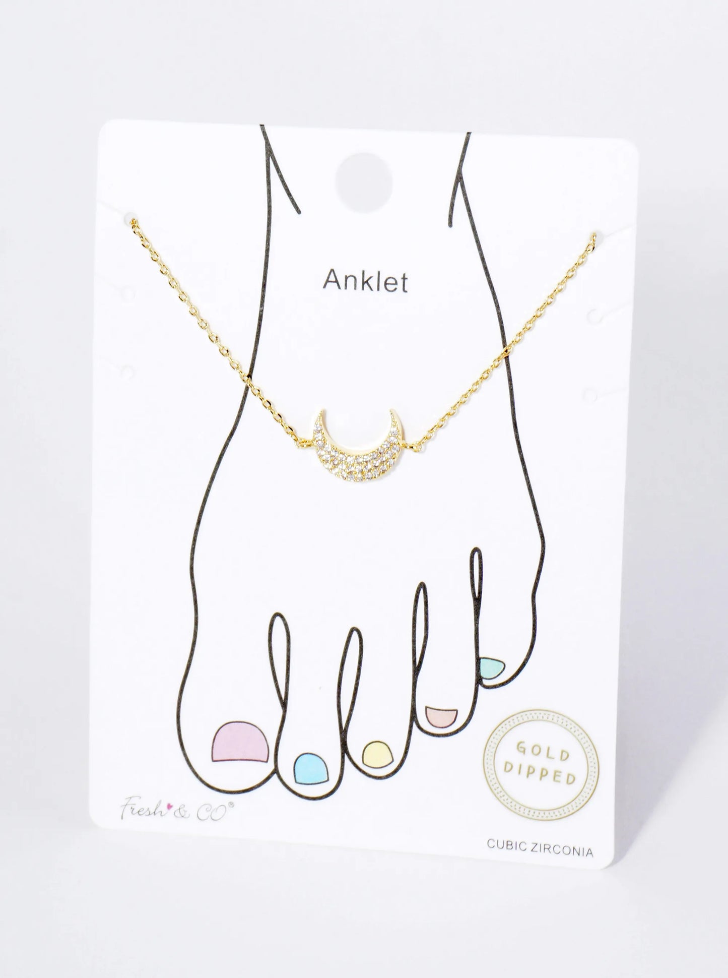 18K Gold Dipped 9mm Cubic Zirconia Pave Crescent Moon Brass Chain Anklet