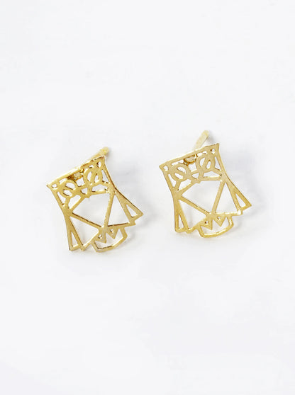 18K Gold Dipped 9mm Flat Geometric Owl Stud Earrings