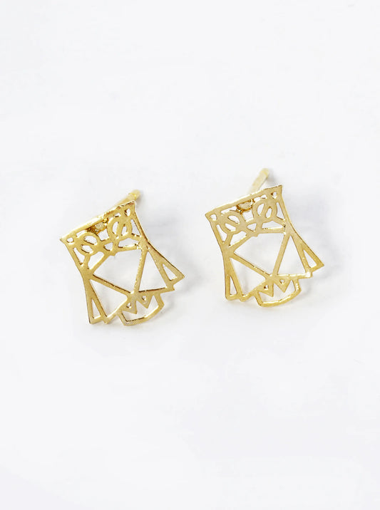 18K Gold Dipped 9mm Flat Geometric Owl Stud Earrings