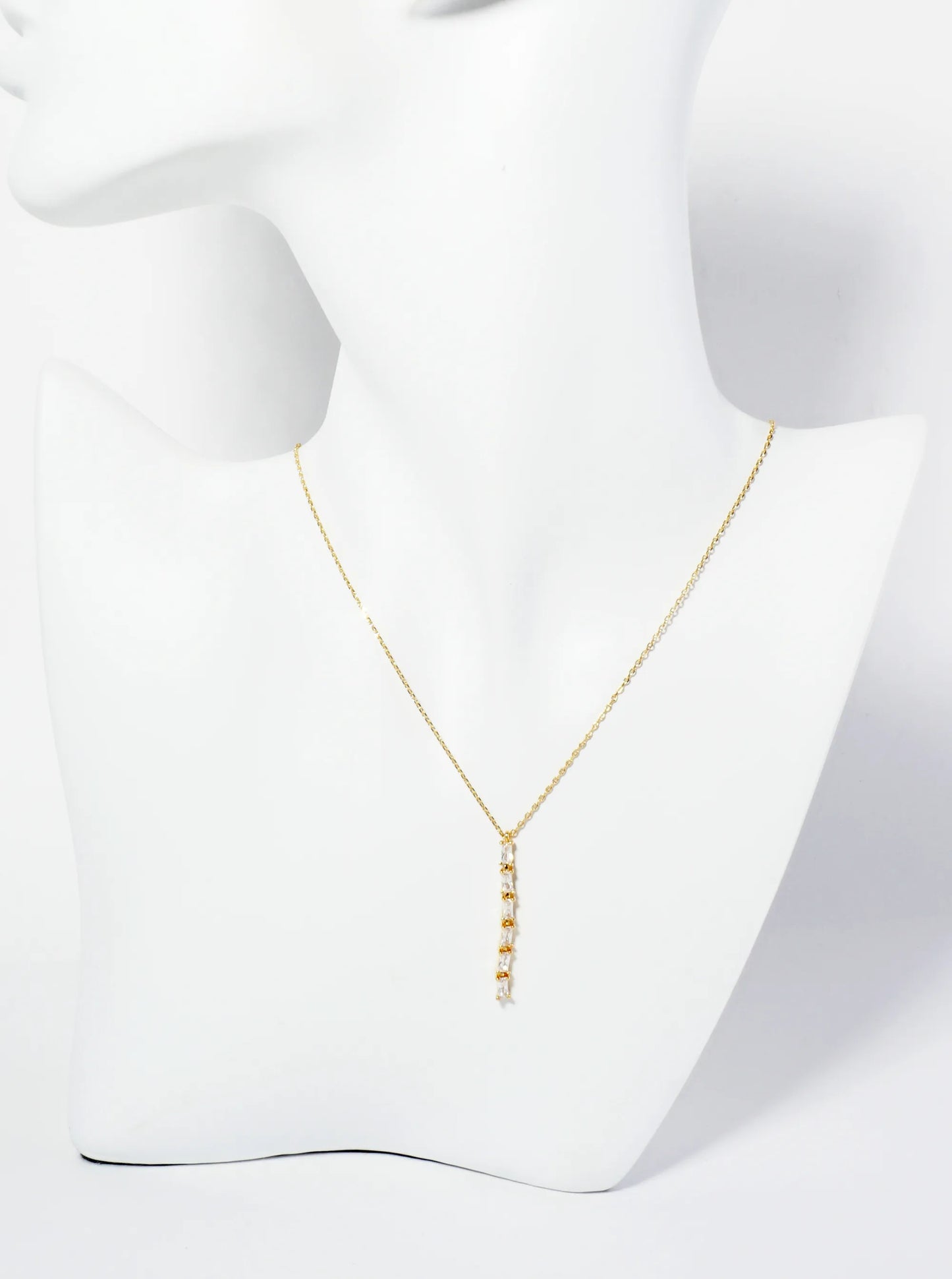 18K Gold Dipped Baguette CZ Bar Drop Pendant Necklace