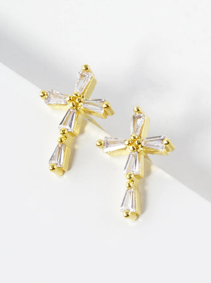 18K Gold Dipped Baguette CZ Cross Stud Earrings
