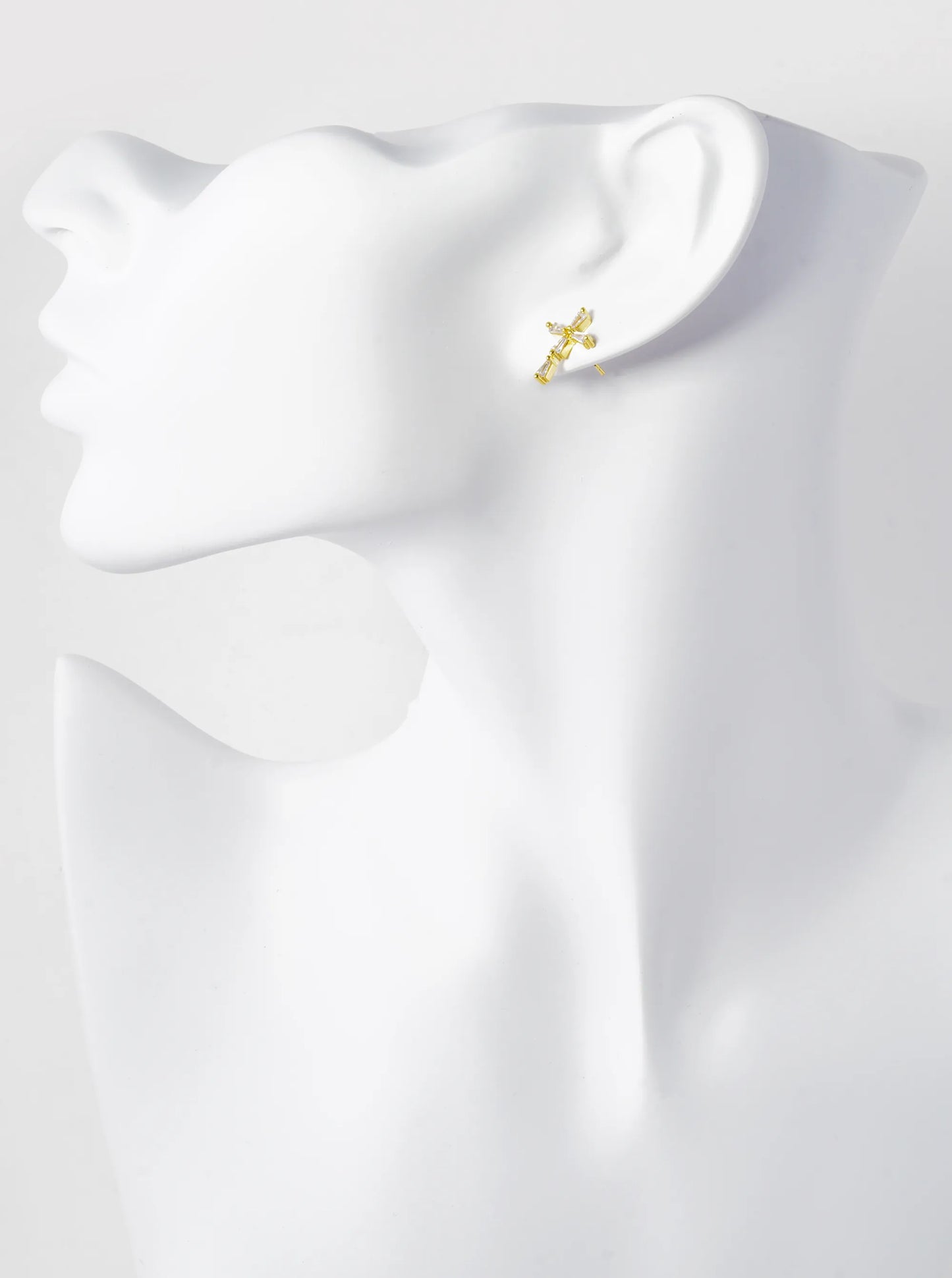 18K Gold Dipped Baguette CZ Cross Stud Earrings