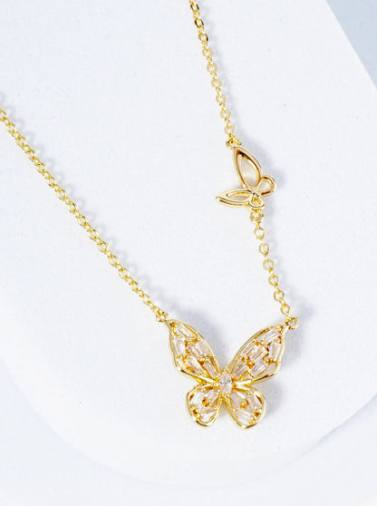 18K Gold Dipped Baguette Cubic Zirconia Butterfly Pendant Necklace