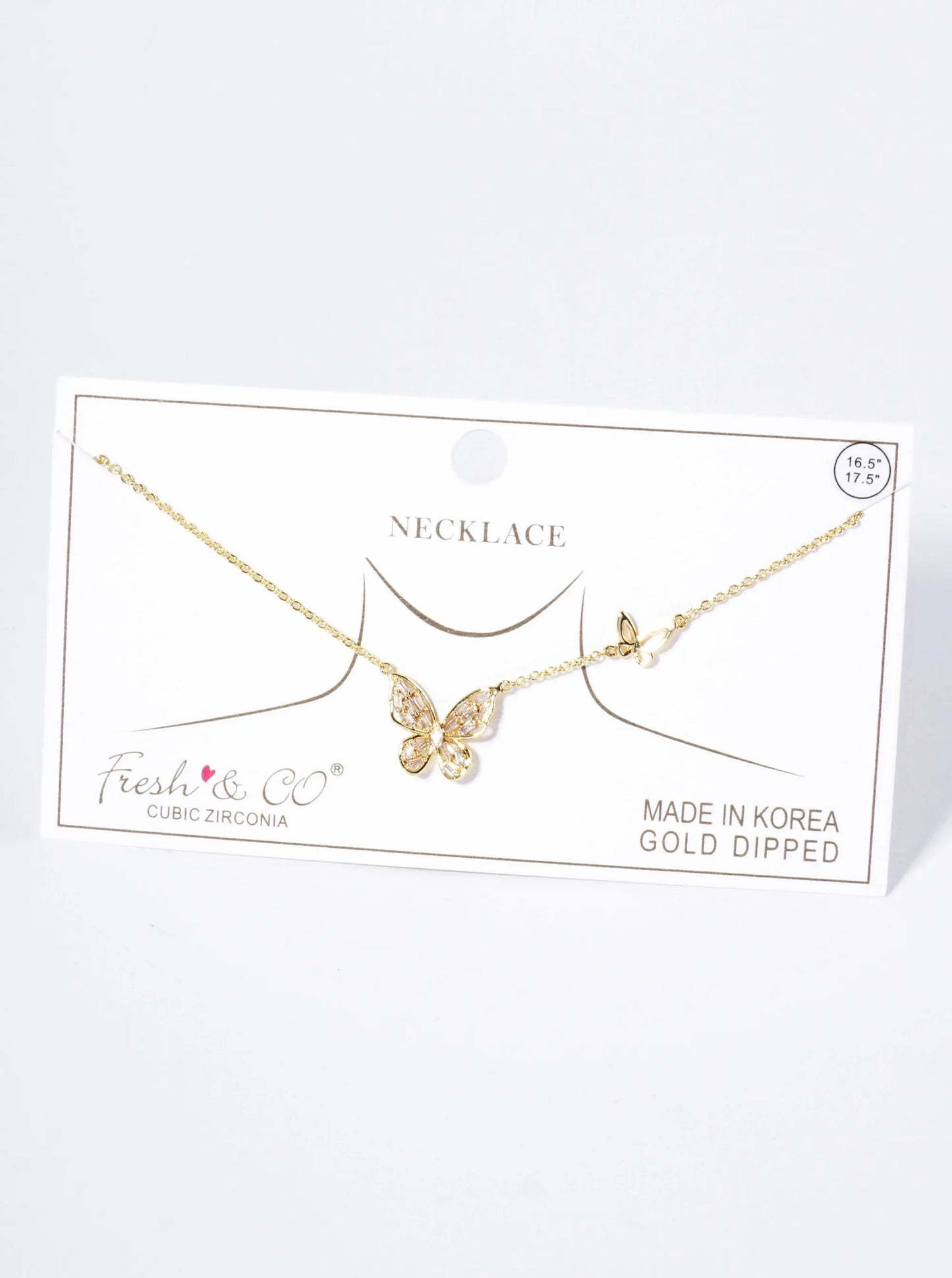18K Gold Dipped Baguette Cubic Zirconia Butterfly Pendant Necklace