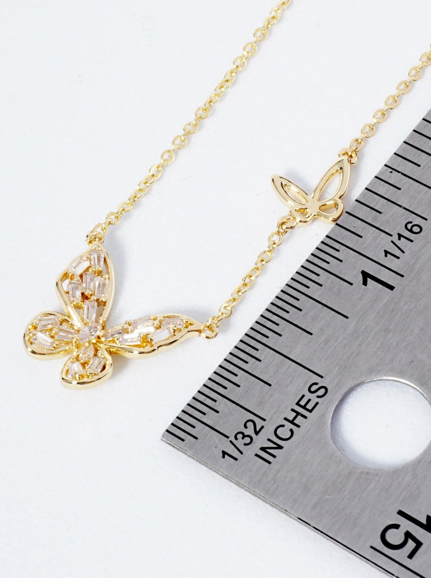 18K Gold Dipped Baguette Cubic Zirconia Butterfly Pendant Necklace