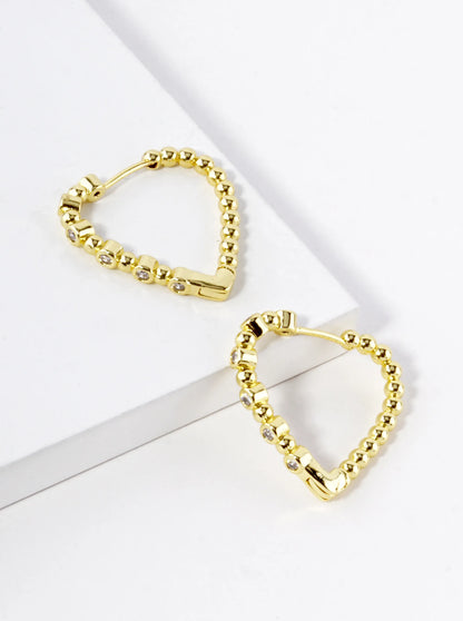 18K Gold Dipped Ball Textured CZ Stone 25mm Heart Hoop Earrings