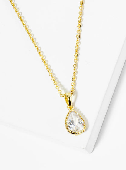 18K Gold Dipped Ball Textured Encased In Brass 10mm CZ Teardrop Stone Pendant Necklace