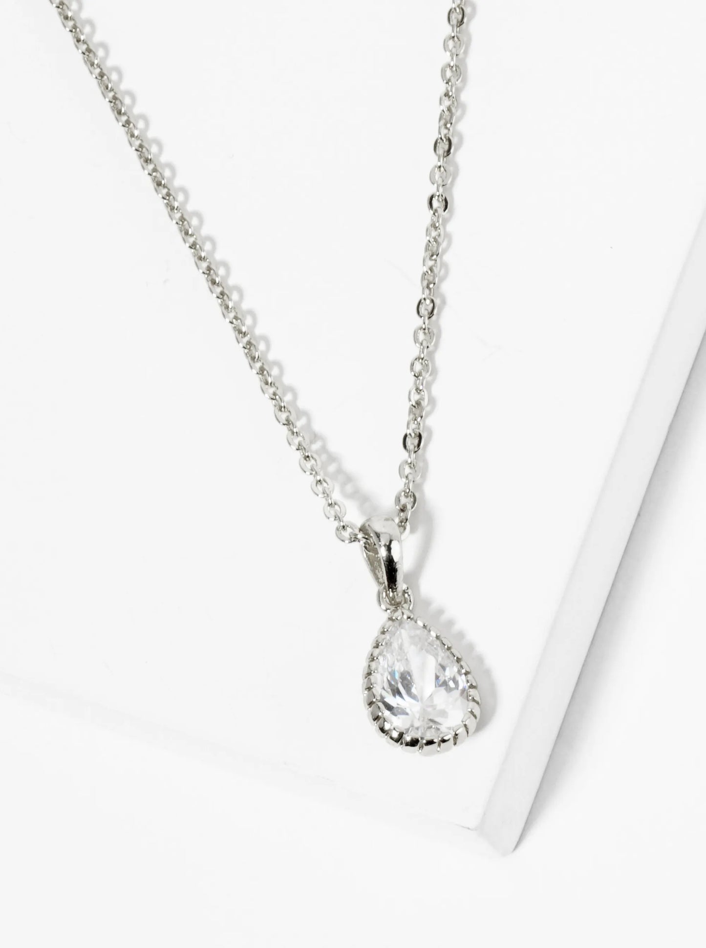 18K Gold Dipped Ball Textured Encased In Brass 10mm CZ Teardrop Stone Pendant Necklace