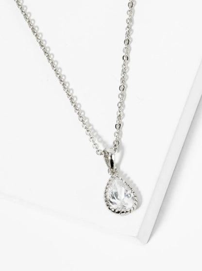 18K Gold Dipped Ball Textured Encased In Brass 10mm CZ Teardrop Stone Pendant Necklace