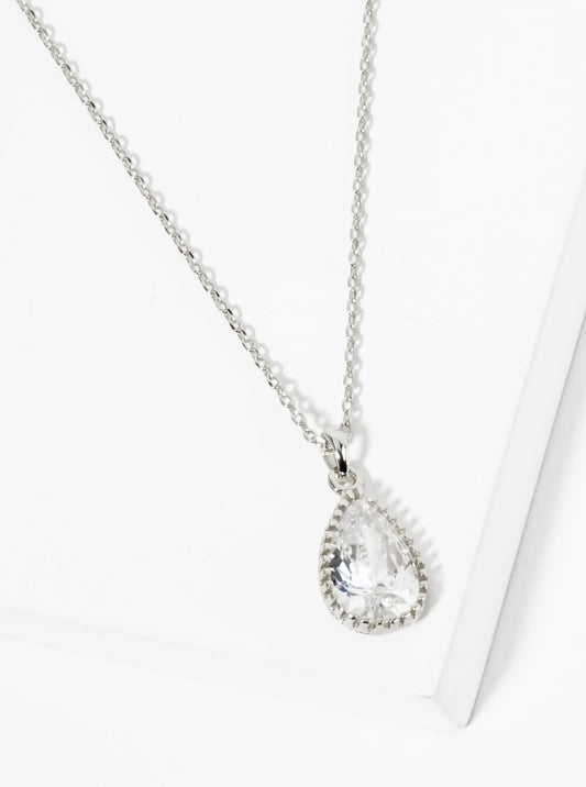 18K Gold Dipped Ball Textured Encased In Brass 12mm CZ Teardrop Stone Pendant Necklace