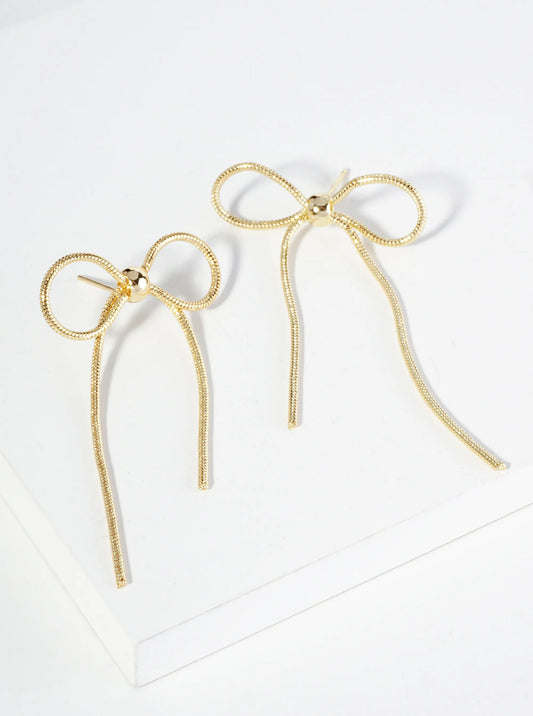 18K Gold Dipped Brass Snake Chain Ribbon Bow Drop Post Earrings