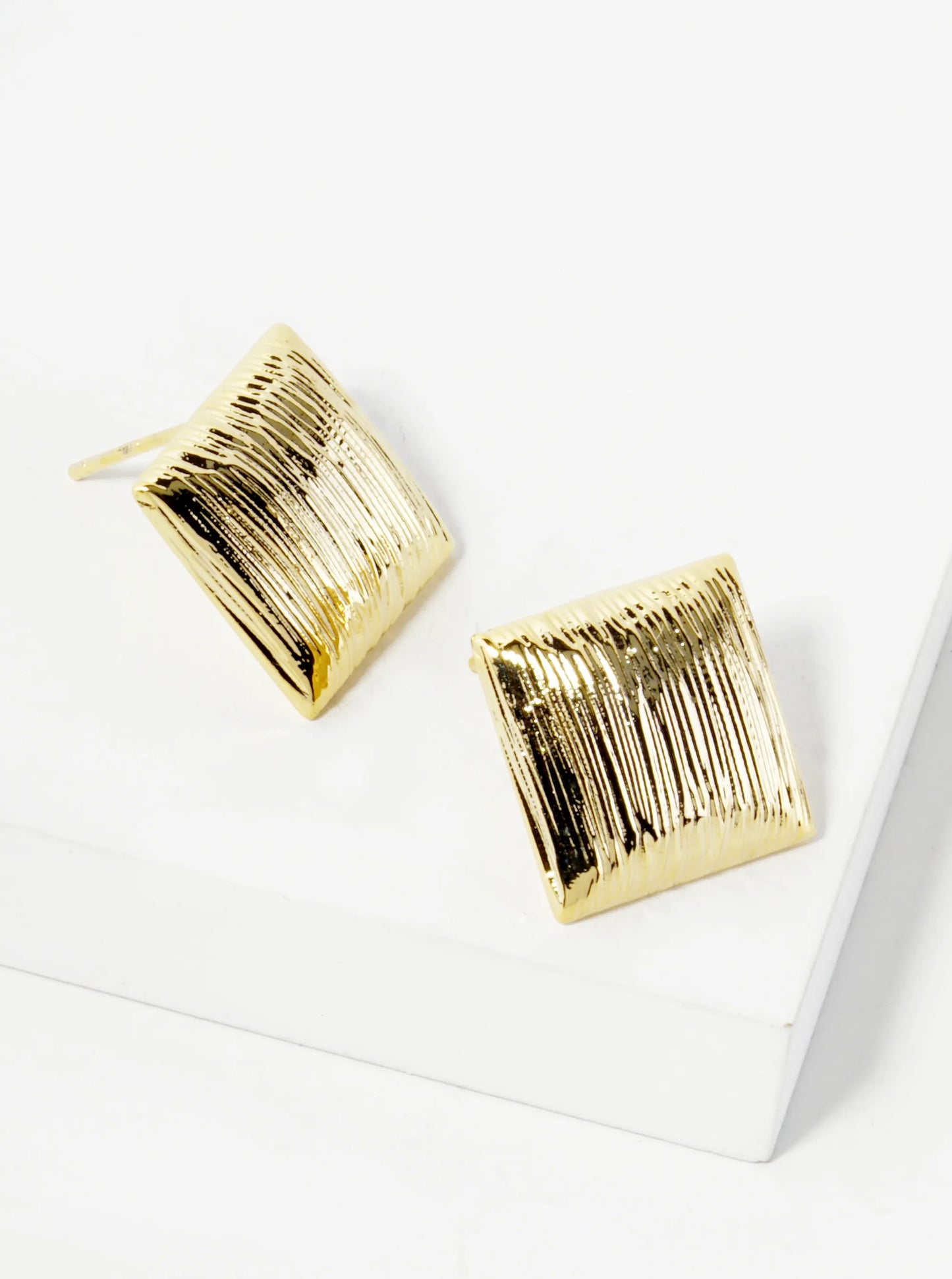 18K Gold Dipped Brushed Brass 13mm Puffy Square Stud Earrings