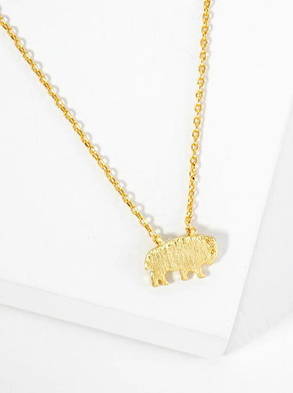 18K Gold Dipped Brushed Brass Buffalo Pendant Necklace