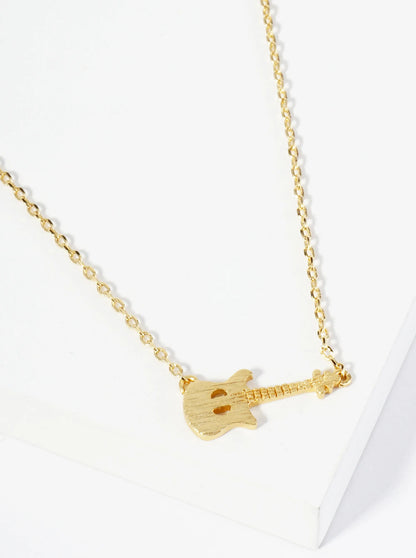 18K Gold Dipped Brushed Brass Electric Guitar Pendant Necklace