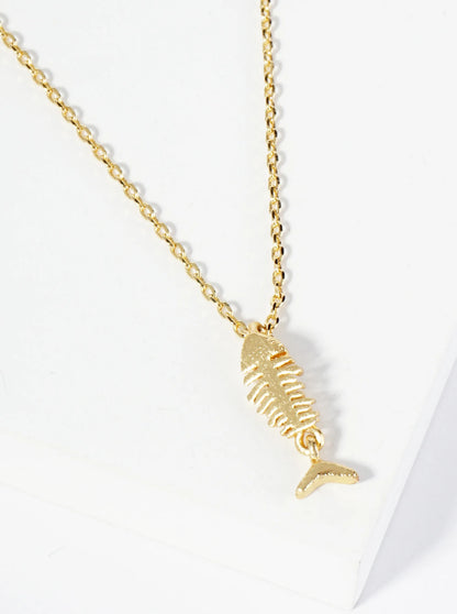 18K Gold Dipped Brushed Brass Fishbone Pendant Necklace