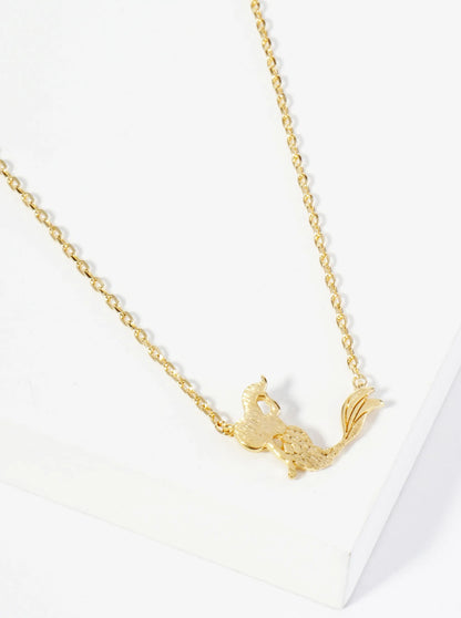 18K Gold Dipped Brushed Brass Mermaid Pendant Necklace